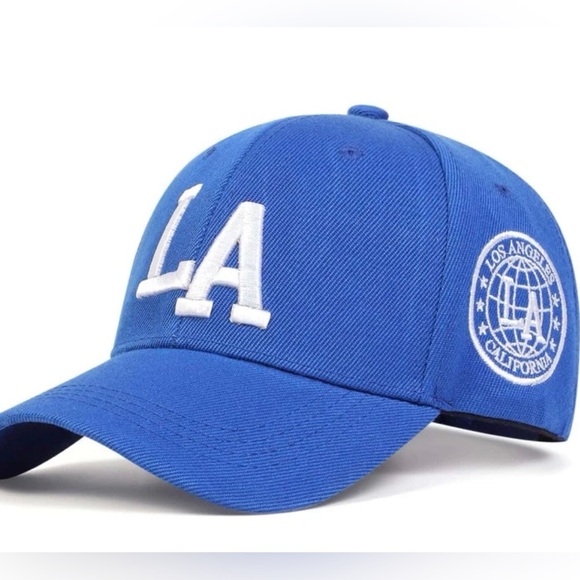 NEW MEN'S LA EMBROIDERY BASEBALL HAT- BLUE & WHITE- ADJUSTABLE - Picture 1 of 5